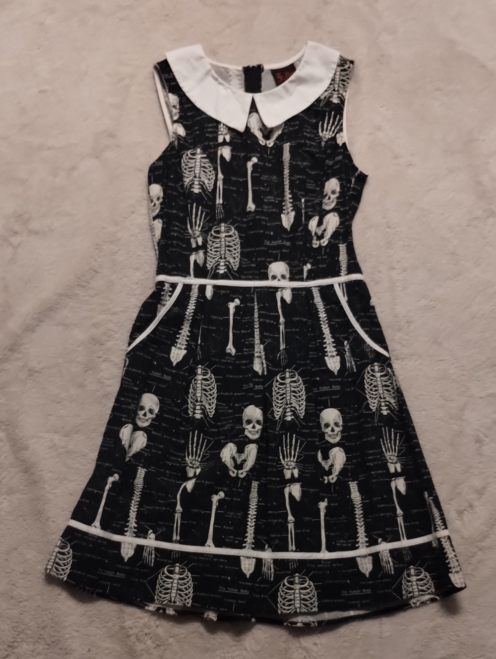 Black & White Skeleton Print Midi Dress with Contrast Collar